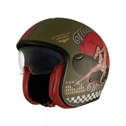 Cască Premier Vintage Pin Up Military BM mat/oliv/rosu