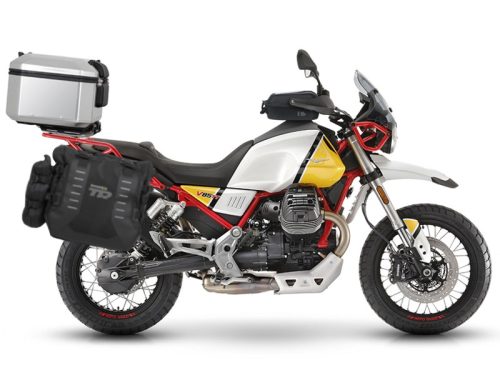 Complete set of SHAD TERRA TR40 adventure saddlebags and SHAD TERRA aluminium 37L topcase, including mounting kit SHAD MOTO GUZZI V 85 TT