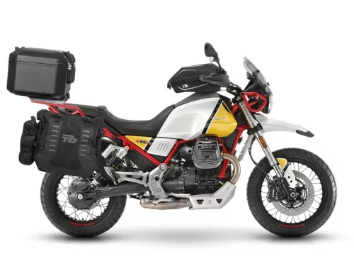Set complet de genti laterale adventure SHAD TERRA TR40 si topcase din aluminiu SHAD TERRA negru 48L, incluzand kitul de montaj SHAD MOTO GUZZI V 85 TT
