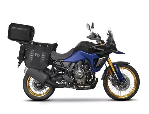 Set complet de genti laterale adventure SHAD TERRA TR40 si topcase din aluminiu SHAD TERRA TR55 PURE negru, incluzand kitul de montaj SHAD SUZUKI V-STROM 800 DE