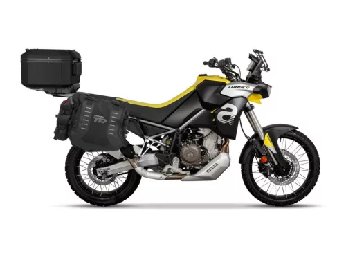 Set complet de genti laterale adventure SHAD TERRA TR40 si topcase din aluminiu SHAD TERRA TR55 PURE negru, incluzand kitul de montaj SHAD APRILIA TUAREG 660
