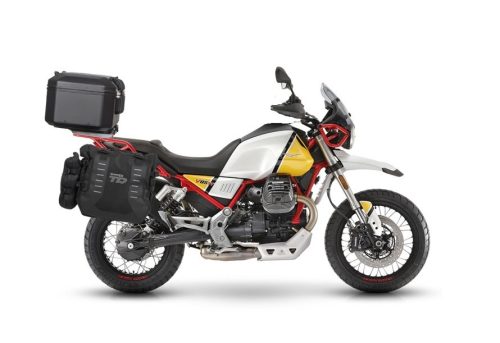 Set of SHAD TERRA TR40 adventure saddlebags and SHAD TERRA aluminium top case TR55 PURE BLACK, including mounting kit SHAD MOTO GUZZI V85TT