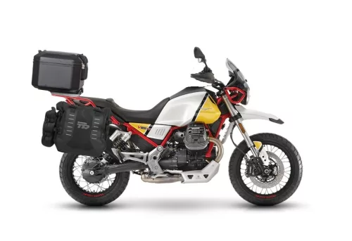 Set complet de genti laterale adventure SHAD TERRA TR40 si topcase din aluminiu SHAD TERRA TR55 PURE negru, incluzand kitul de montaj SHAD MOTO GUZZI V85TT
