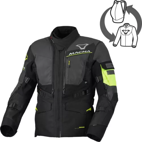 Geacă textil impermeabilă touring/adventure Macna Flexodus Night Eye™ negru night eye/galben fluo