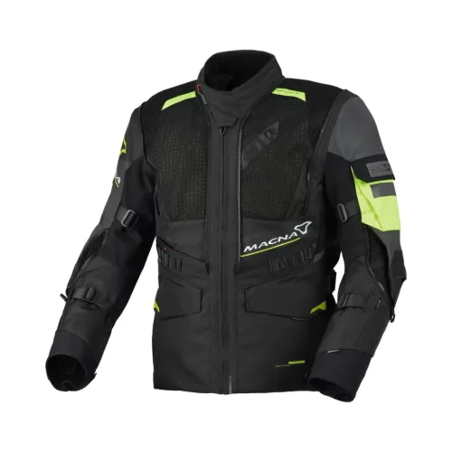 Geacă textil impermeabilă touring/adventure Macna Flexodus Night Eye™ negru night eye/galben fluo