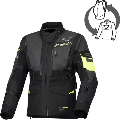 Geacă damă textil impermeabilă touring/adventure Macna Flexodus Night Eye™ negru night eye/galben fluo