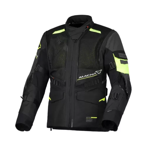 Geacă damă textil impermeabilă touring/adventure Macna Flexodus Night Eye™ negru night eye/galben fluo