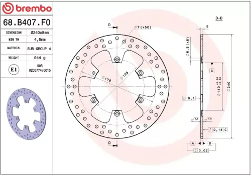 Disc frână Brembo fix spate 68B407F0