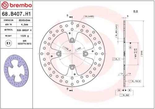 Disc frână Brembo fix spate 68B407H1