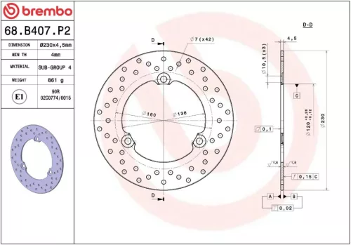 Disc frână Brembo fix spate 68B407P2