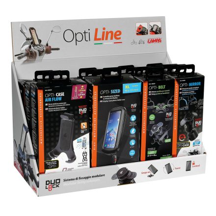 OPTILINE - Display carton pentru masa [contine produse pentru moto]<br> Setul contine:<br> 3 x LA-90437 - OPTI-BELT prindere OPTI-CASE [prindere pe ghidon diam. 15-40mm]<br> 3 x LA-90438 - OPTI-MIRROR prindere OPTI-CASE [prindere pe ogli